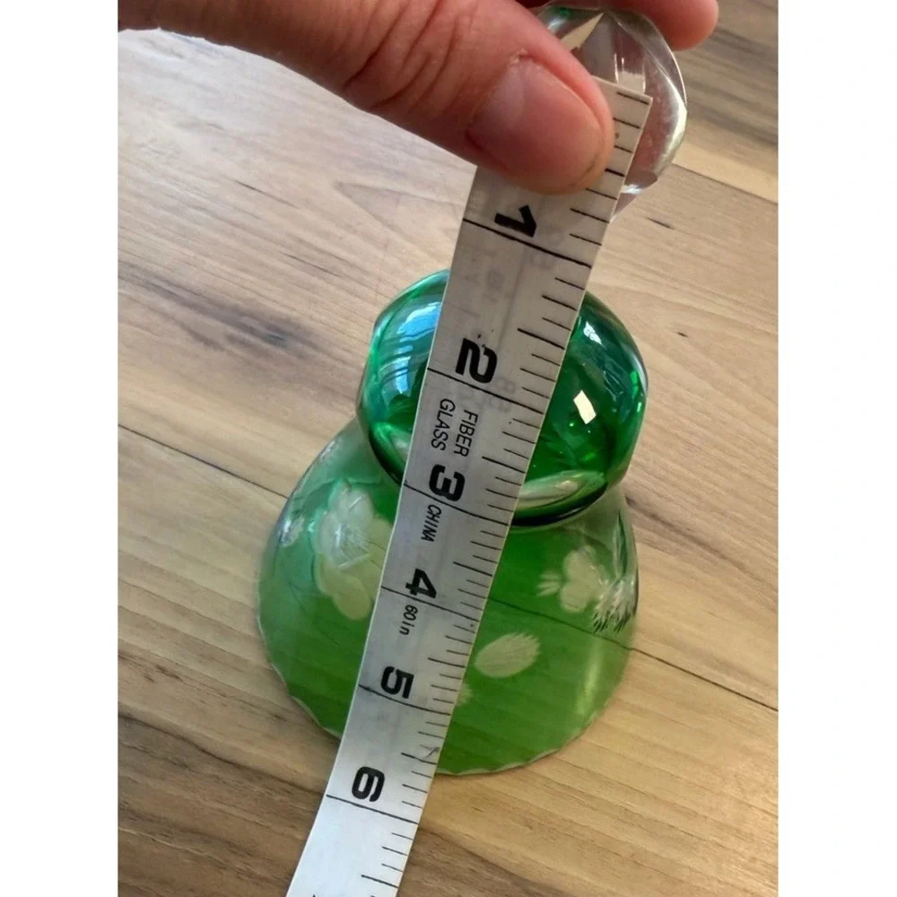 Vintage Emerald Green Cut Crystal Glass Hand Bell Floral Etched Clear Handle